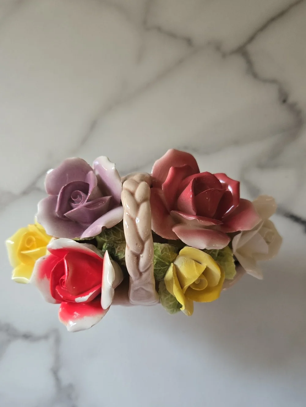 vintage Japanese porcelain floral basket figurine hand-formed 3D Roses